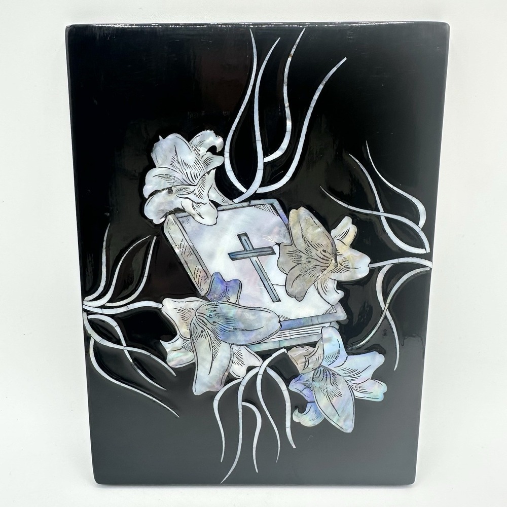 Vintage Mother Of Pearl Abalone Inlay Bible Cross Floral Art Plaque Laquerware
